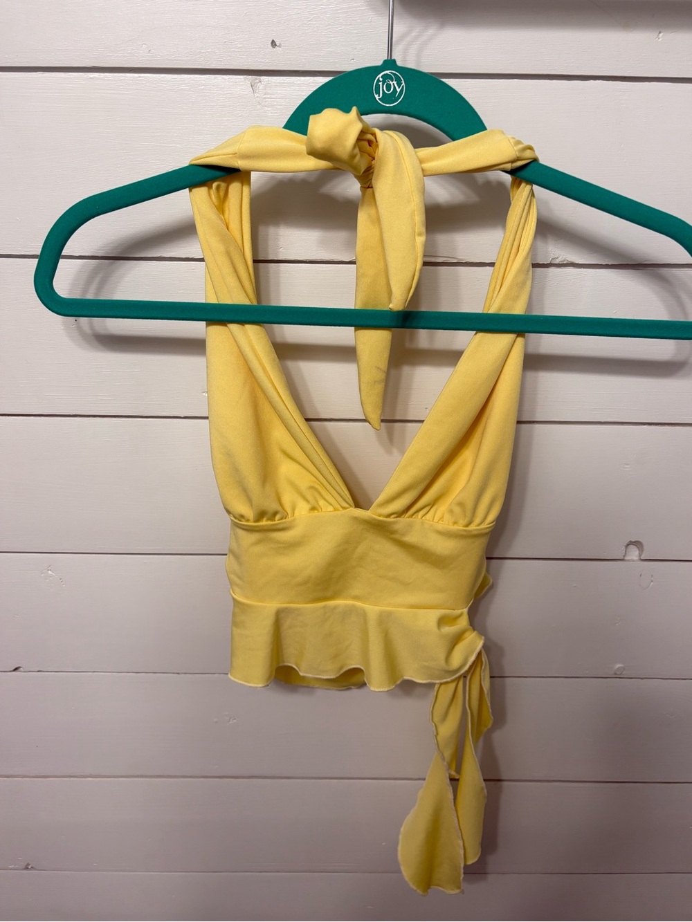 Yellow Halter Crop Top with Ruffle Hem and Tie Detail